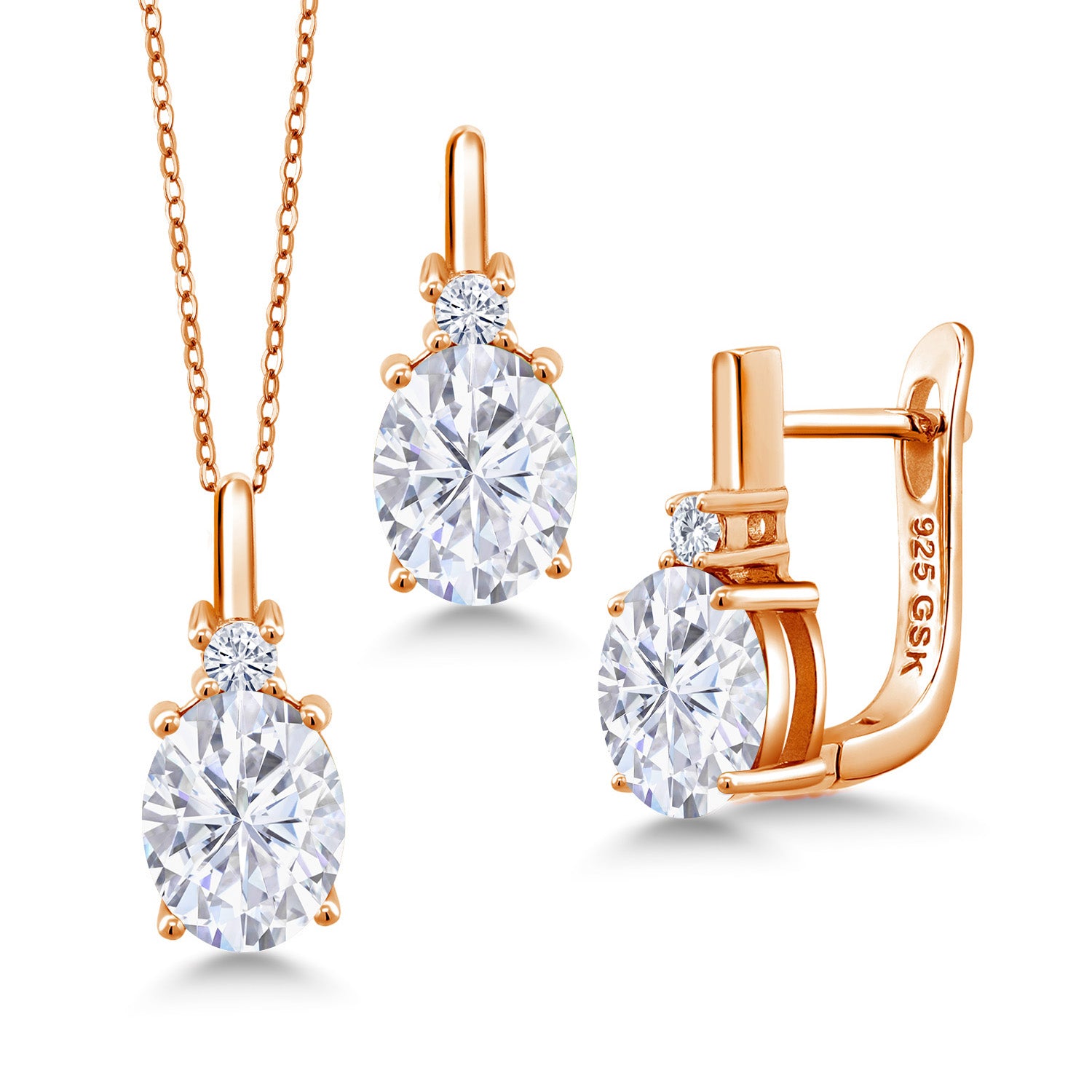 White Moissanite - April_Pendant Earrings Set in 925 Rose Gold Plated Silver
