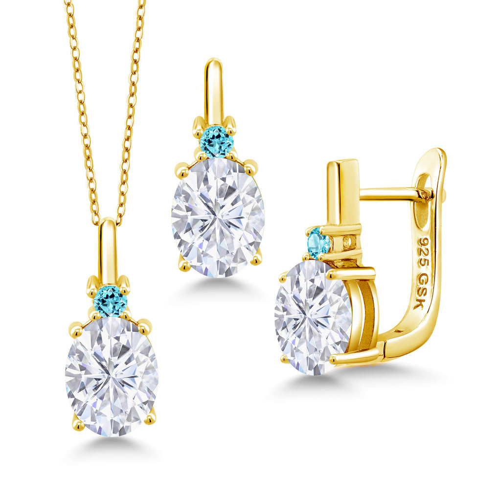 White Moissanite - April_Pendant Earrings Set in 925 Yellow Gold Plated Silver