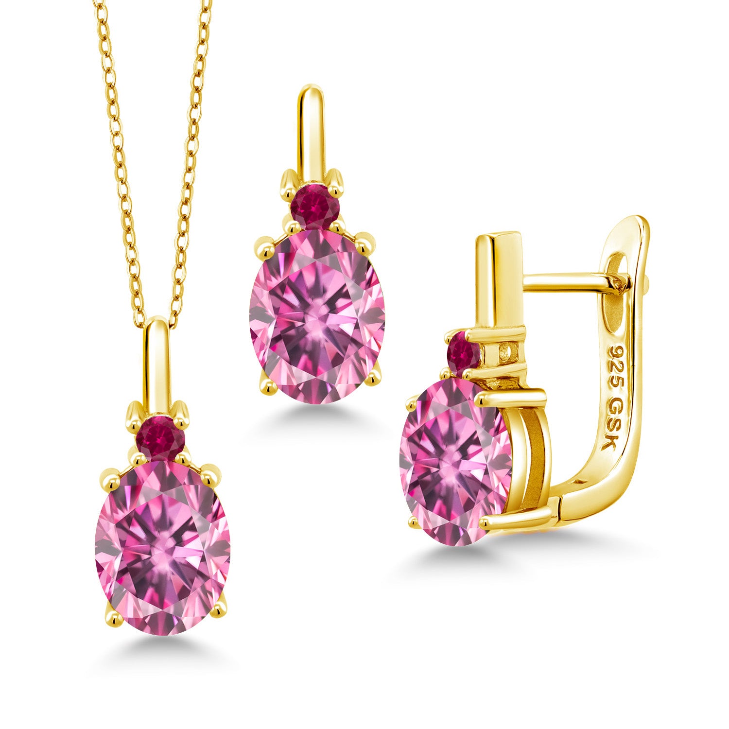 Pink Moissanite - April_Pendant Earrings Set in 925 Yellow Gold Plated Silver