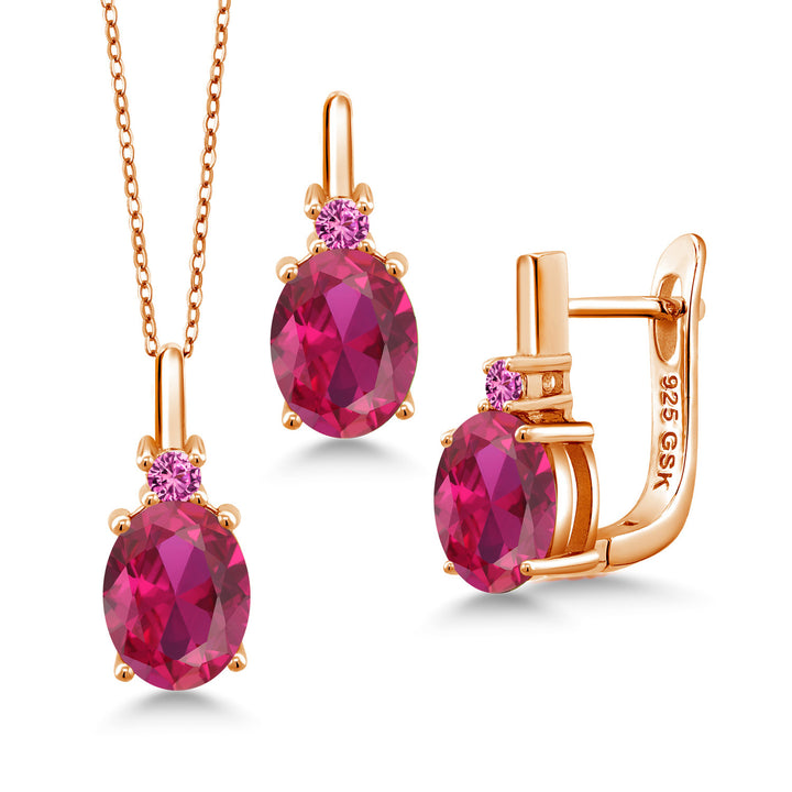 Created Ruby - July_Pendant Earrings Set in 925 Rose Gold Plated Silver