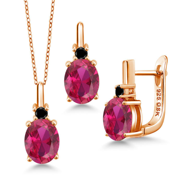 Created Ruby - July_Pendant Earrings Set in 925 Rose Gold Plated Silver