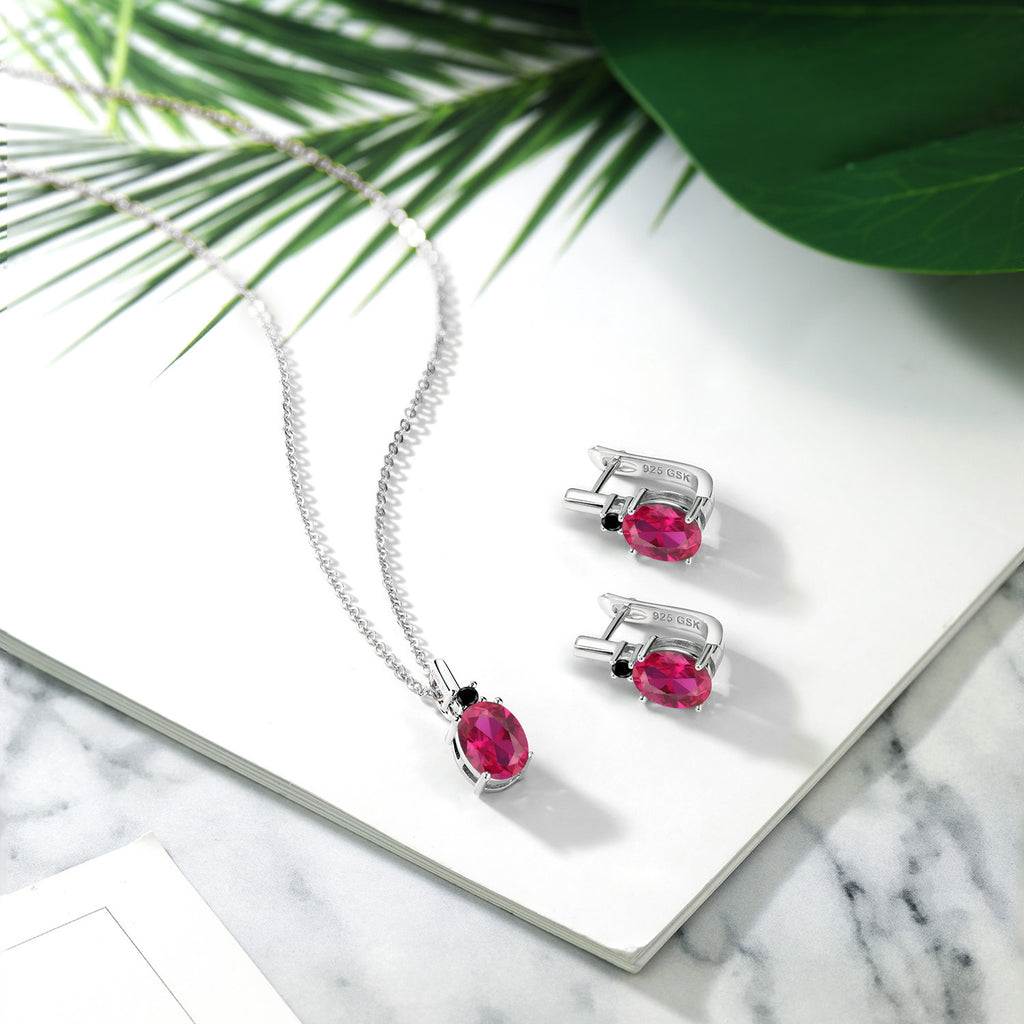 Created Ruby - July_Pendant Earrings Set in 925 Sterling Silver