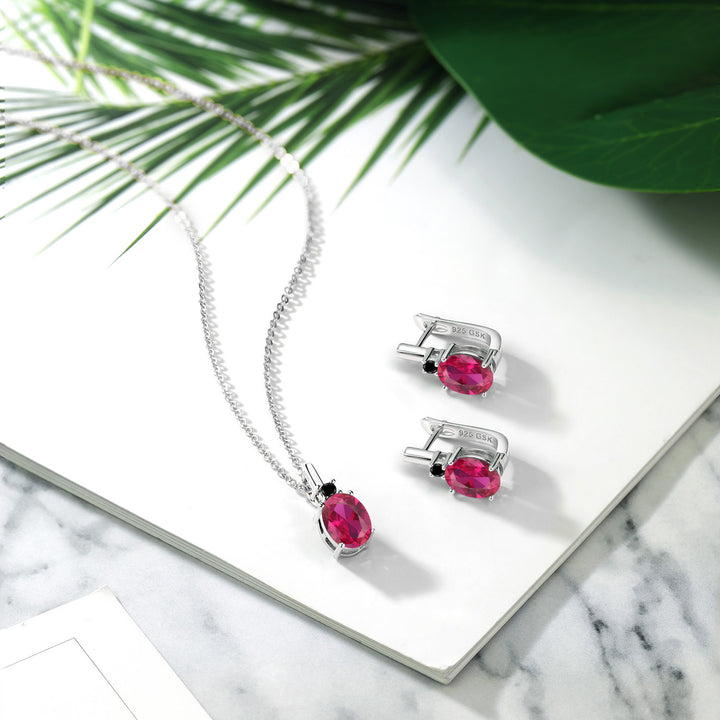 Created Ruby - July_Pendant Earrings Set in 925 Sterling Silver