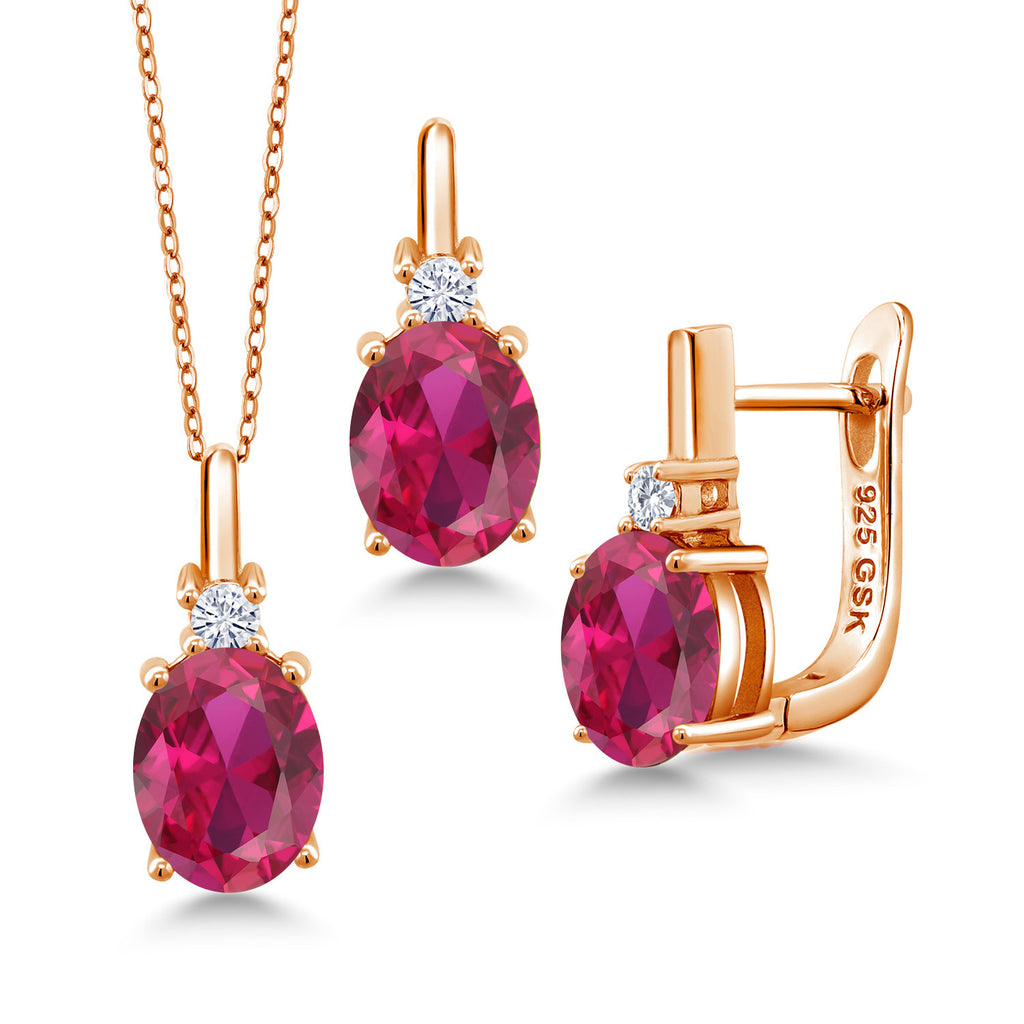Created Ruby - July_Pendant Earrings Set in 925 Rose Gold Plated Silver