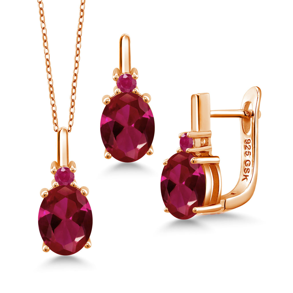 Created Ruby - July_Pendant Earrings Set in 925 Rose Gold Plated Silver