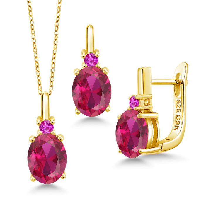 Created Ruby - July_Pendant Earrings Set in 925 Yellow Gold Plated Silver