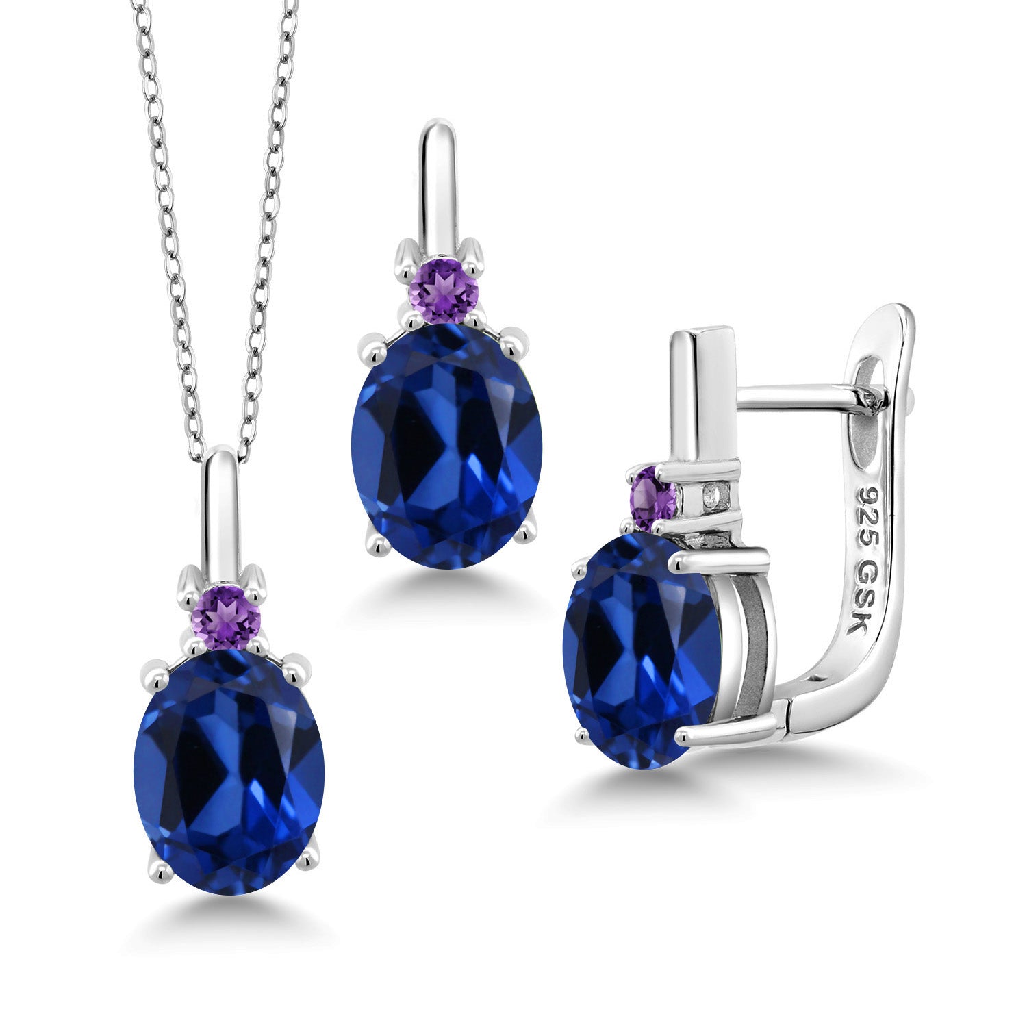 Blue Created Sapphire - September_Pendant Earrings Set in 925 Sterling Silver