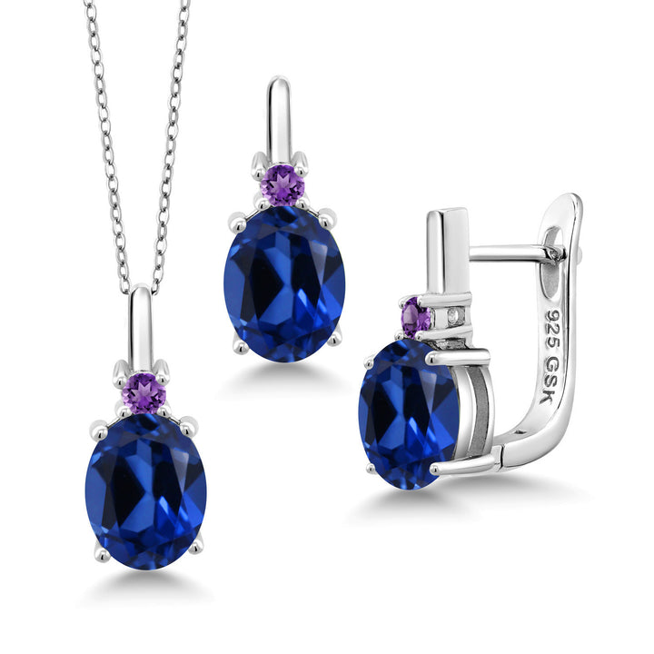 Blue Created Sapphire - September_Pendant Earrings Set in 925 Sterling Silver