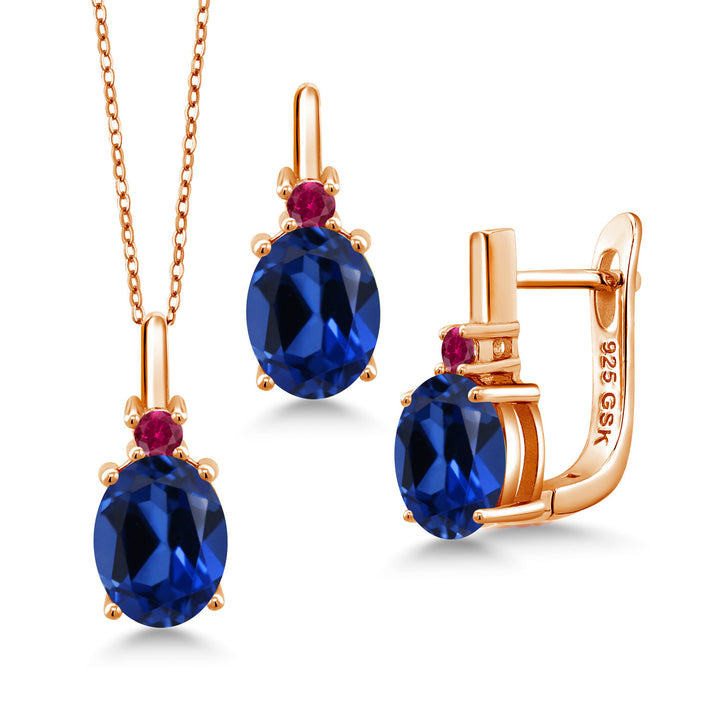 Blue Created Sapphire - September_Pendant Earrings Set in 925 Rose Gold Plated Silver