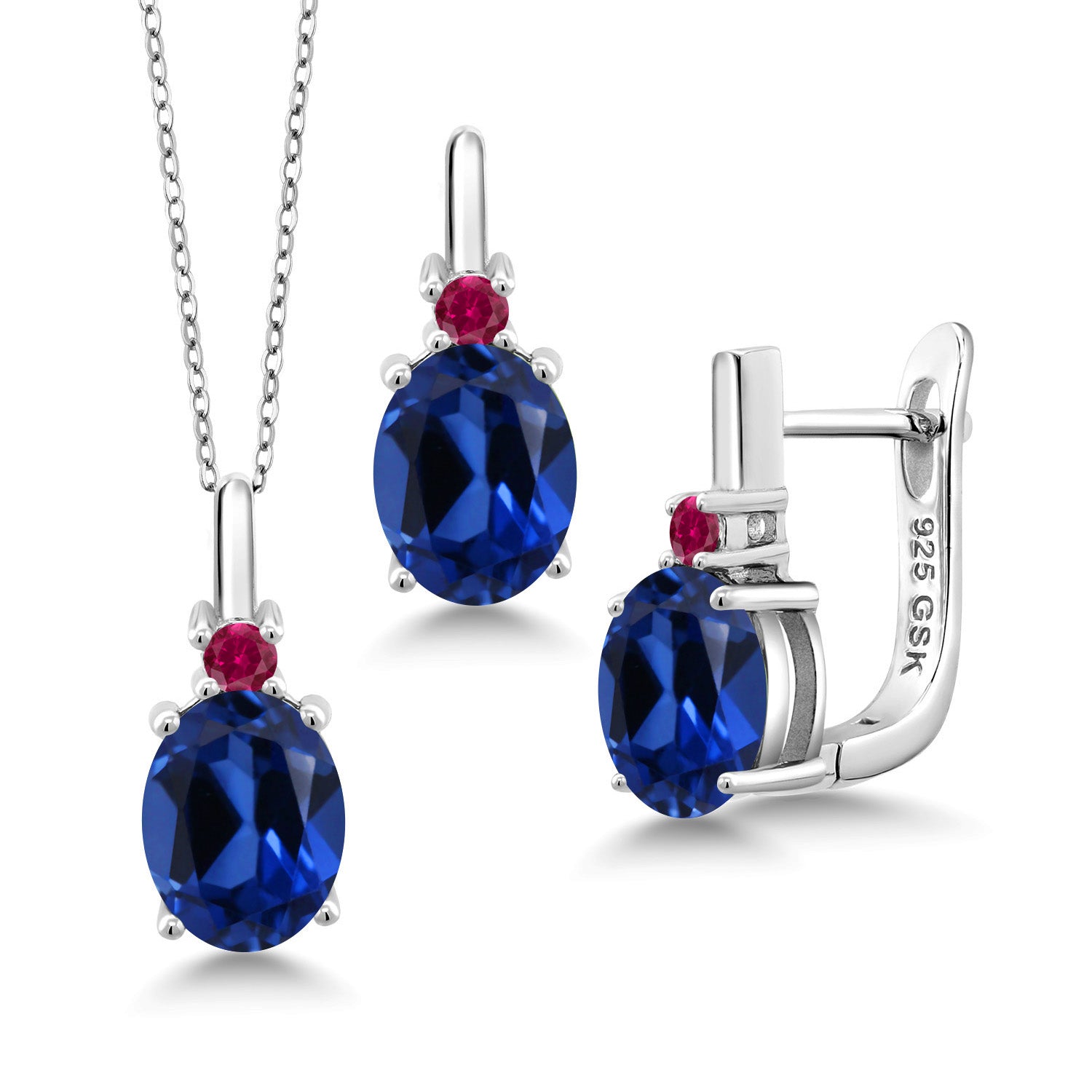 Blue Created Sapphire - September_Pendant Earrings Set in 925 Sterling Silver