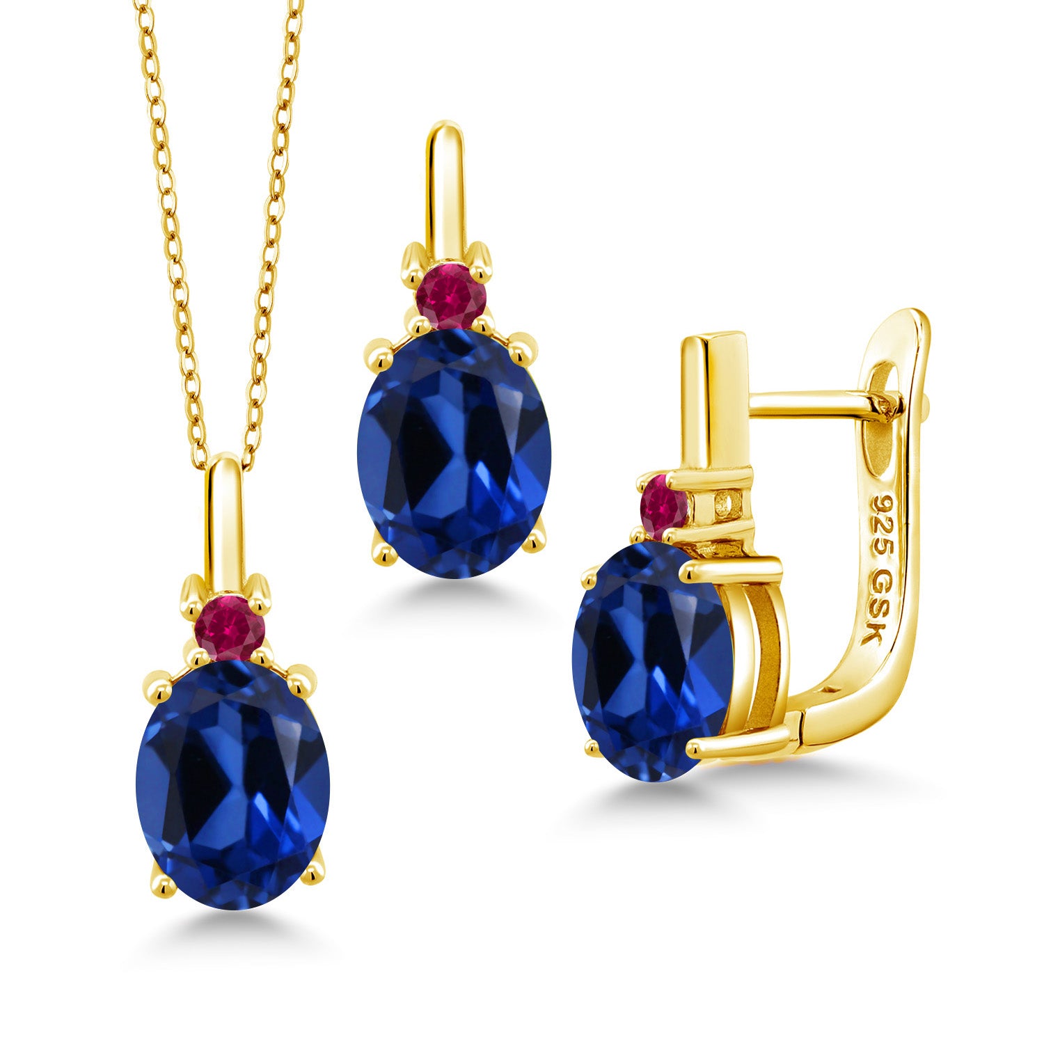 Blue Created Sapphire - September_Pendant Earrings Set in 925 Yellow Gold Plated Silver