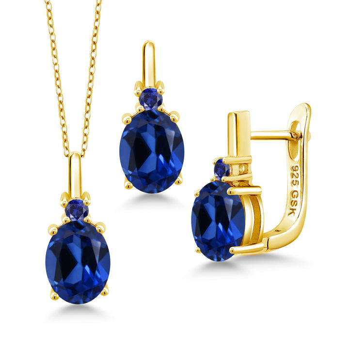 Blue Created Sapphire - September_Pendant Earrings Set in 925 Yellow Gold Plated Silver