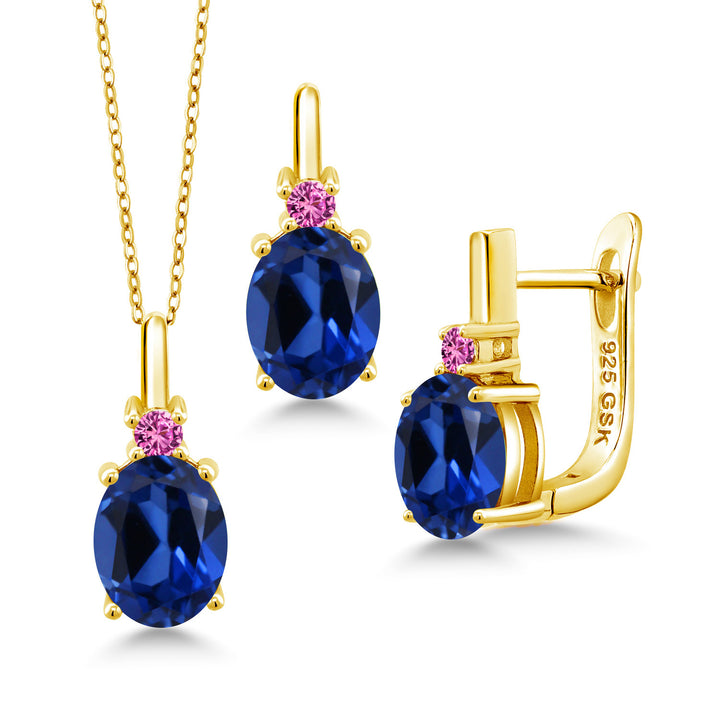 Blue Created Sapphire - September_Pendant Earrings Set in 925 Yellow Gold Plated Silver