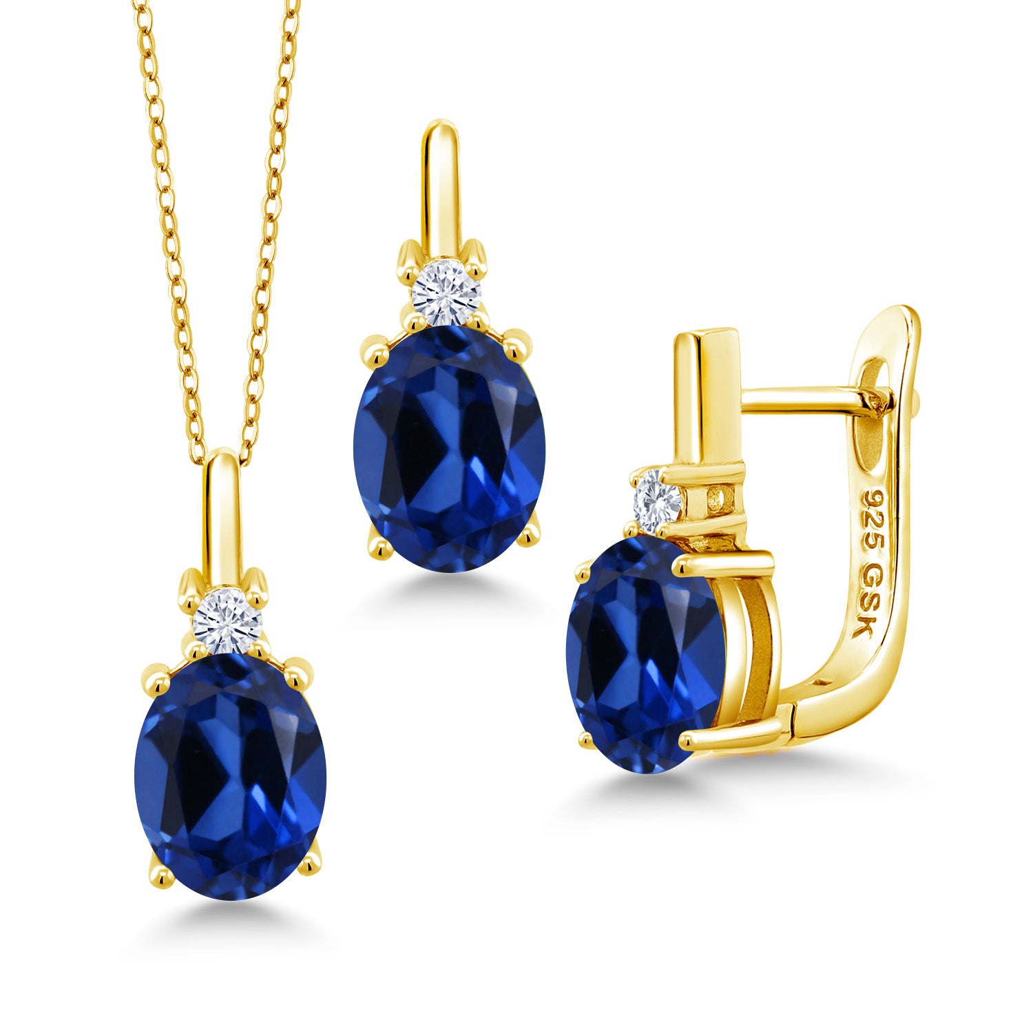 Blue Created Sapphire - September_Pendant Earrings Set in 925 Yellow Gold Plated Silver