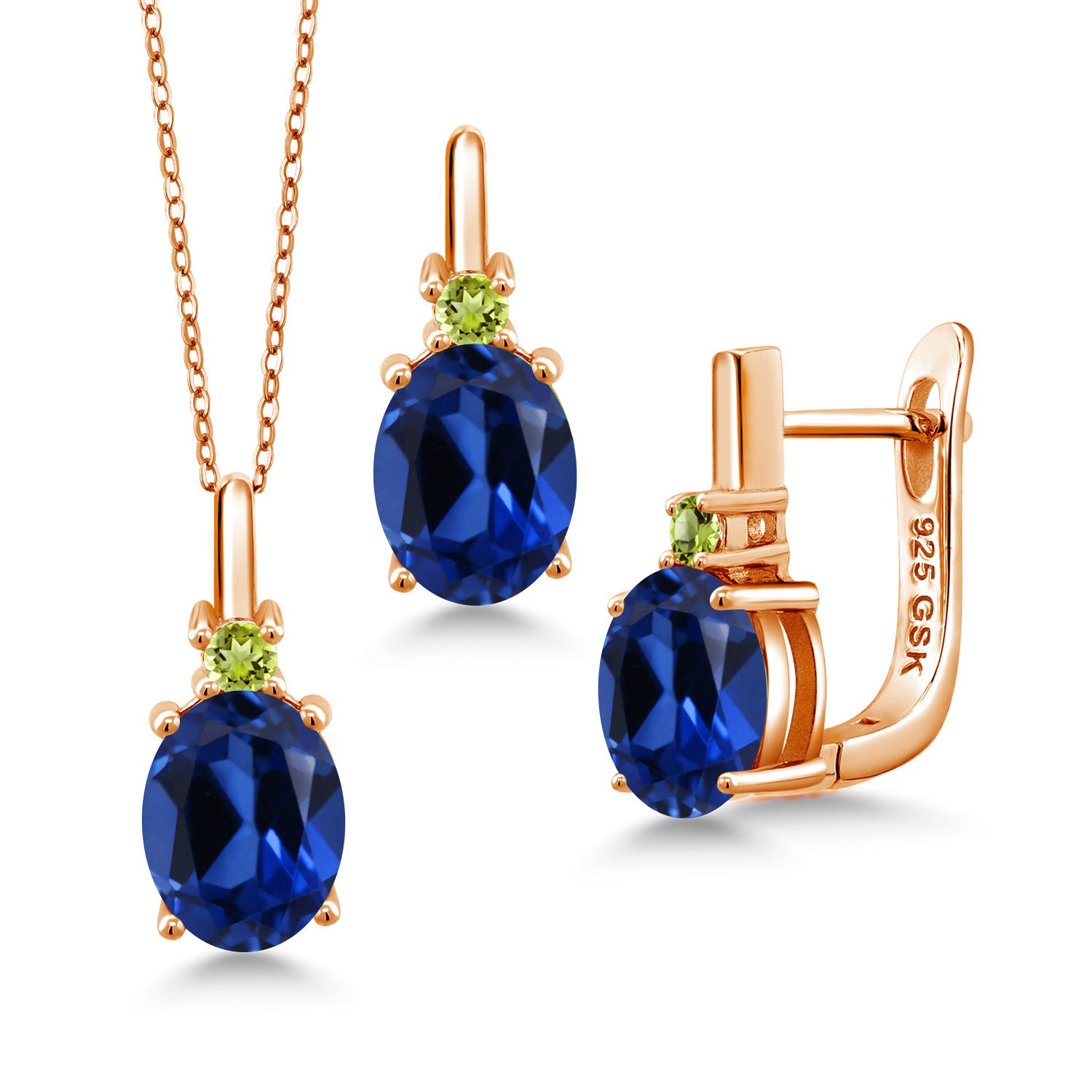 Blue Created Sapphire - September_Pendant Earrings Set in 925 Rose Gold Plated Silver