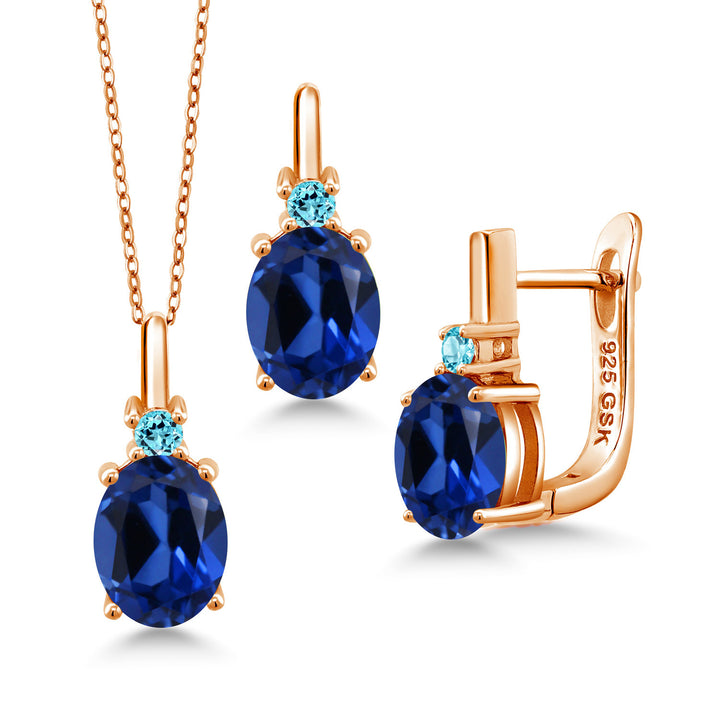 Blue Created Sapphire - September_Pendant Earrings Set in 925 Rose Gold Plated Silver