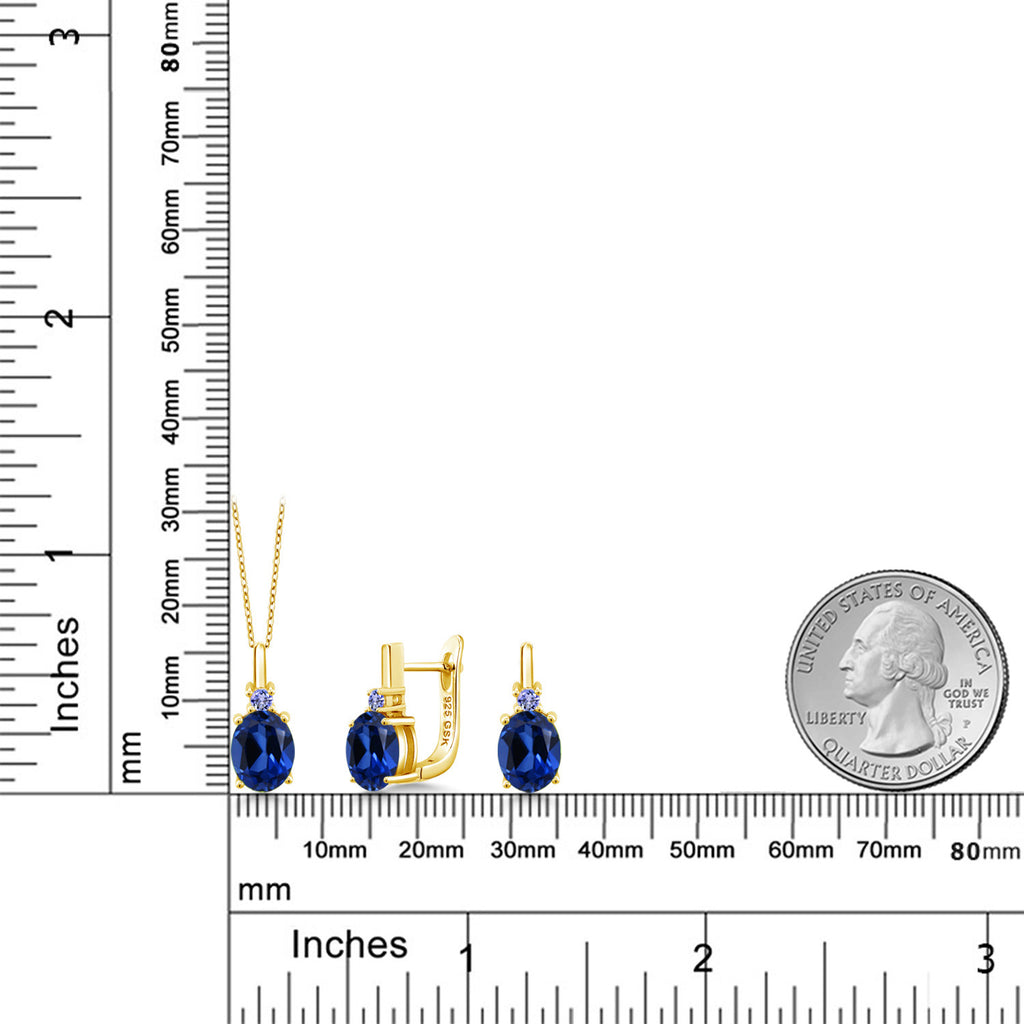 Created Sapphire - September_Pendant Earrings Set in 925 Yellow Gold Plated Silver