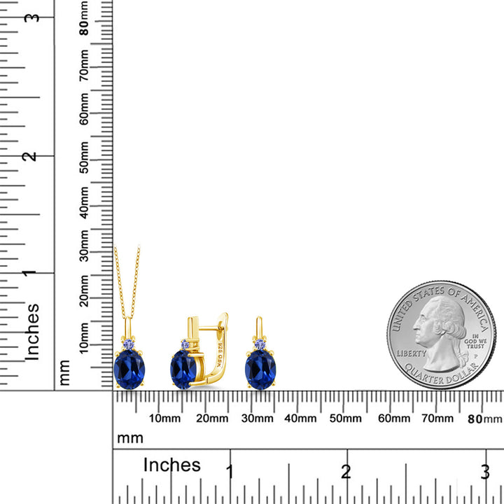Created Sapphire - September_Pendant Earrings Set in 925 Yellow Gold Plated Silver