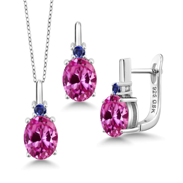 Pink Created Sapphire - September_Pendant Earrings Set in 925 Sterling Silver