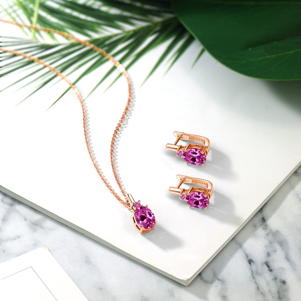 Created Sapphire_Pendant Earrings Set in 925 Rose Gold Plated Silver