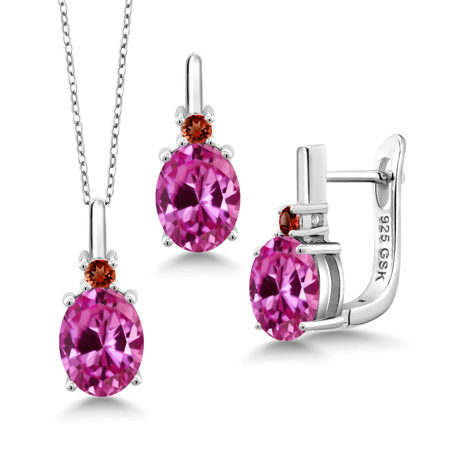 Pink Created Sapphire - September_Pendant Earrings Set in 925 Sterling Silver