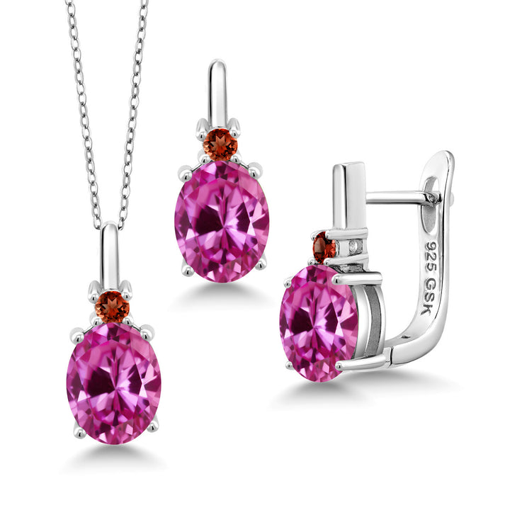 Pink Created Sapphire - September_Pendant Earrings Set in 925 Sterling Silver