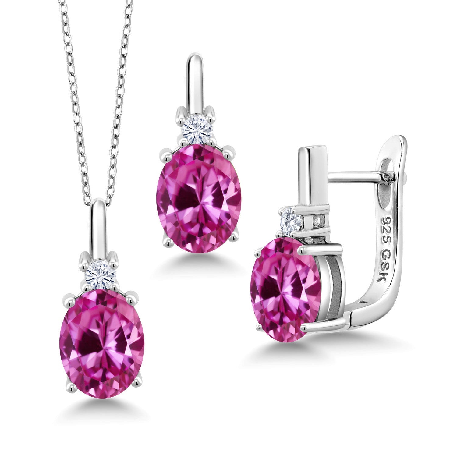 Pink Created Sapphire - September_Pendant Earrings Set in 925 Sterling Silver