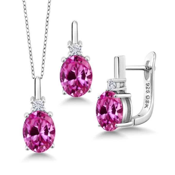 Pink Created Sapphire - September_Pendant Earrings Set in 925 Sterling Silver