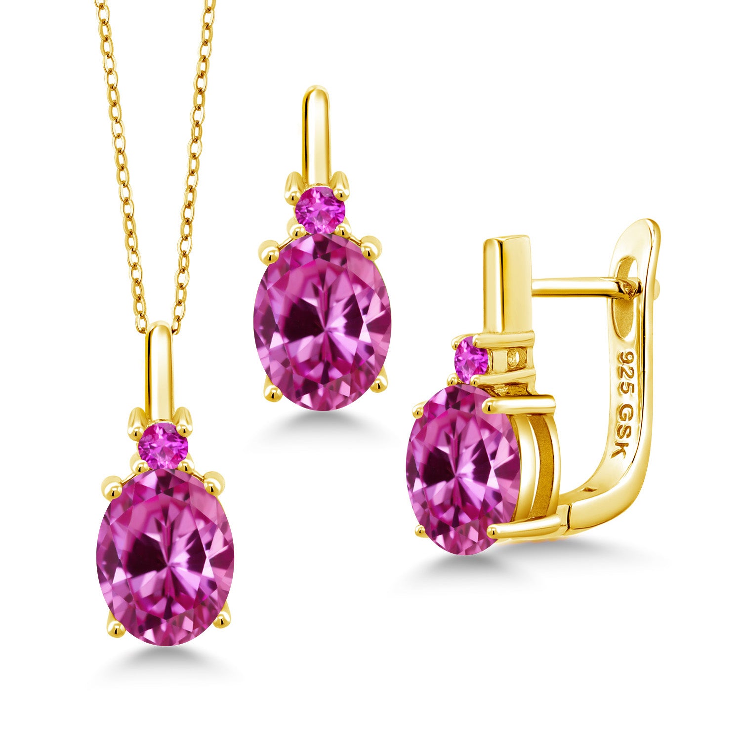 Pink Created Sapphire - September_Pendant Earrings Set in 925 Yellow Gold Plated Silver