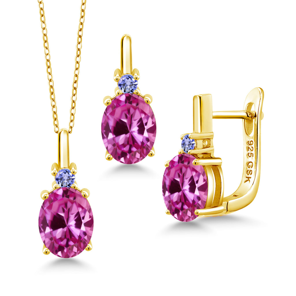 Pink Created Sapphire - September_Pendant Earrings Set in 925 Yellow Gold Plated Silver