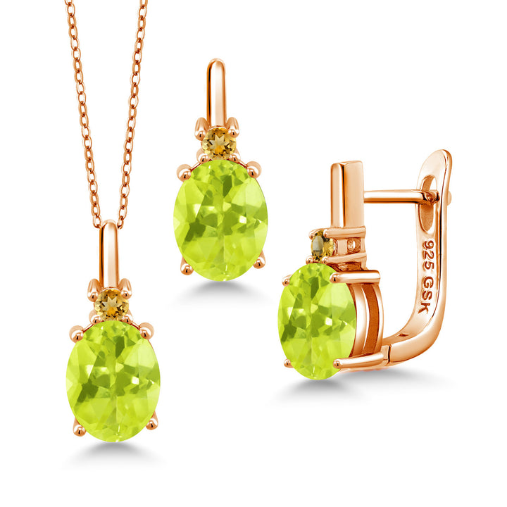 Lemon Quartz_Pendant Earrings Set in 925 Rose Gold Plated Silver