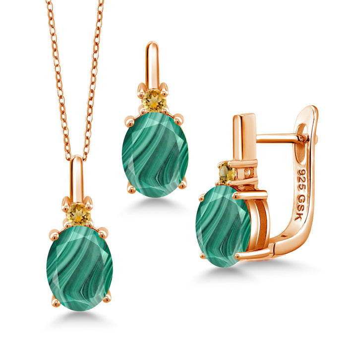 Malachite_Pendant Earrings Set in 925 Rose Gold Plated Silver