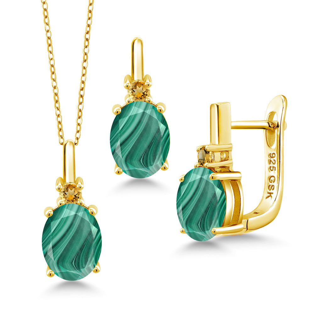 Malachite_Pendant Earrings Set in 925 Yellow Gold Plated Silver