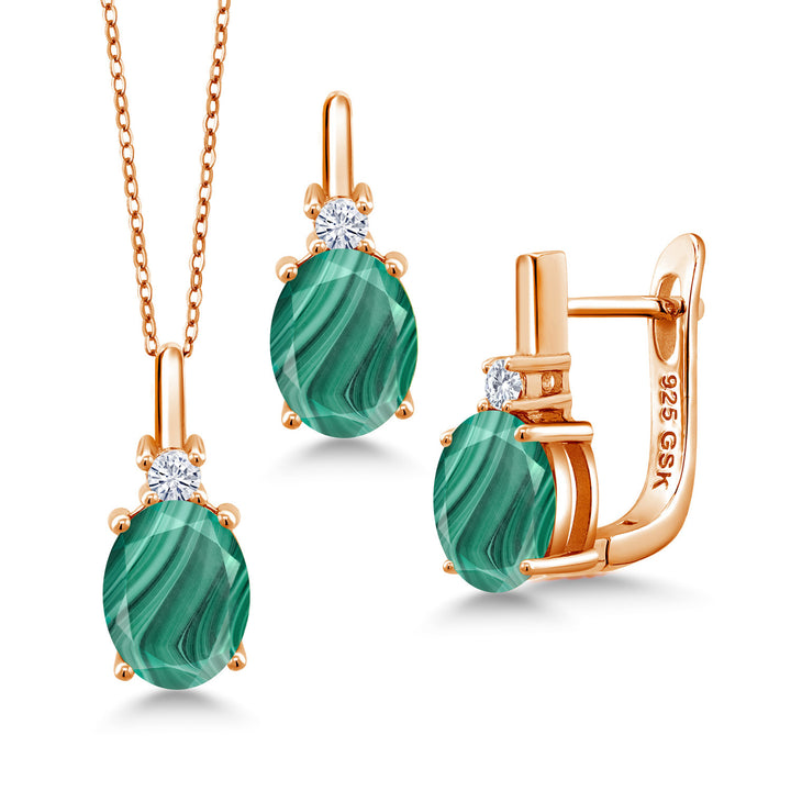 Malachite_Pendant Earrings Set in 925 Rose Gold Plated Silver