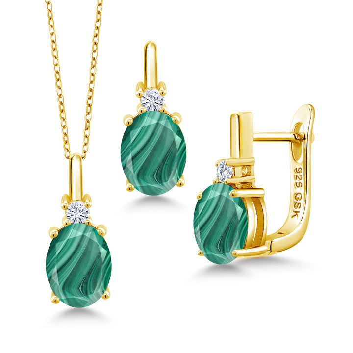 Malachite_Pendant Earrings Set in 925 Yellow Gold Plated Silver