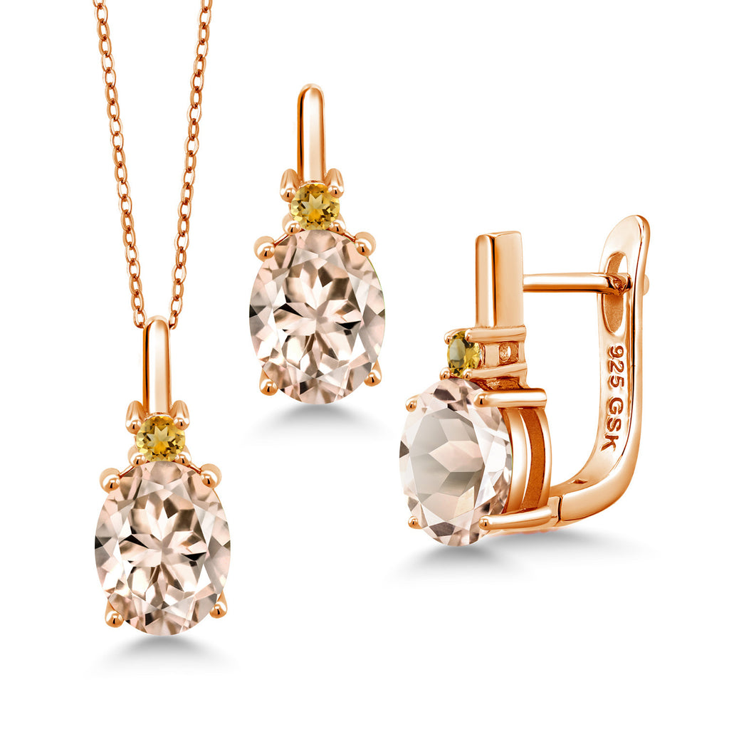 Morganite - October_Pendant Earrings Set in 925 Rose Gold Plated Silver