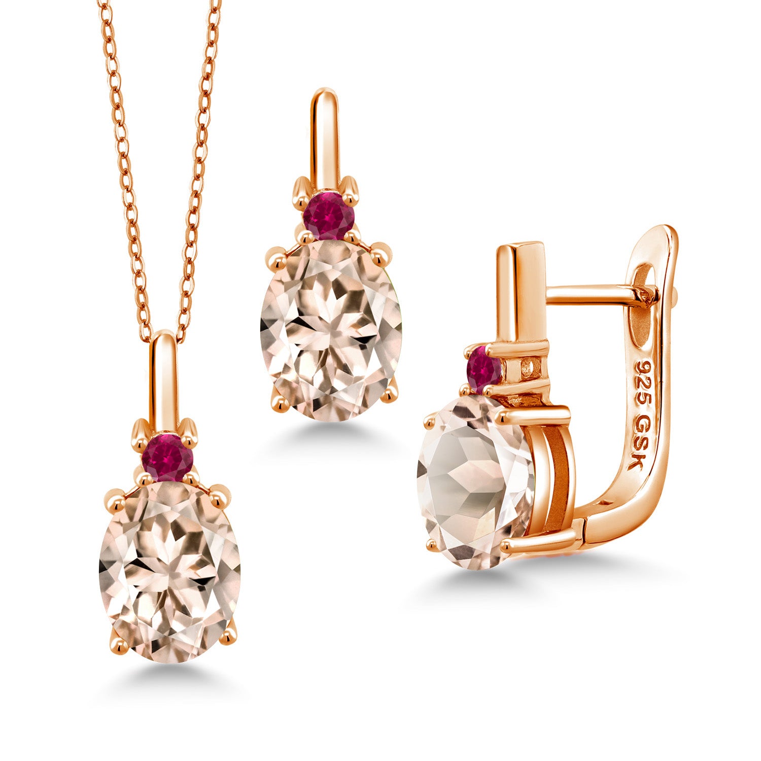 Morganite - October_Pendant Earrings Set in 925 Rose Gold Plated Silver