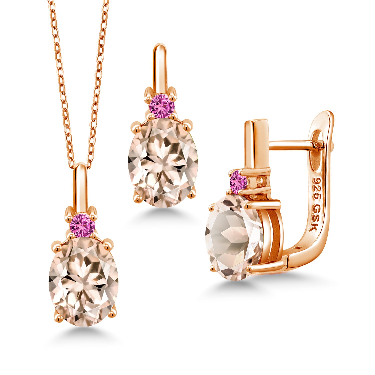 Morganite - October_Pendant Earrings Set in 925 Rose Gold Plated Silver