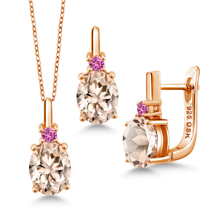 Morganite - October_Pendant Earrings Set in 925 Rose Gold Plated Silver