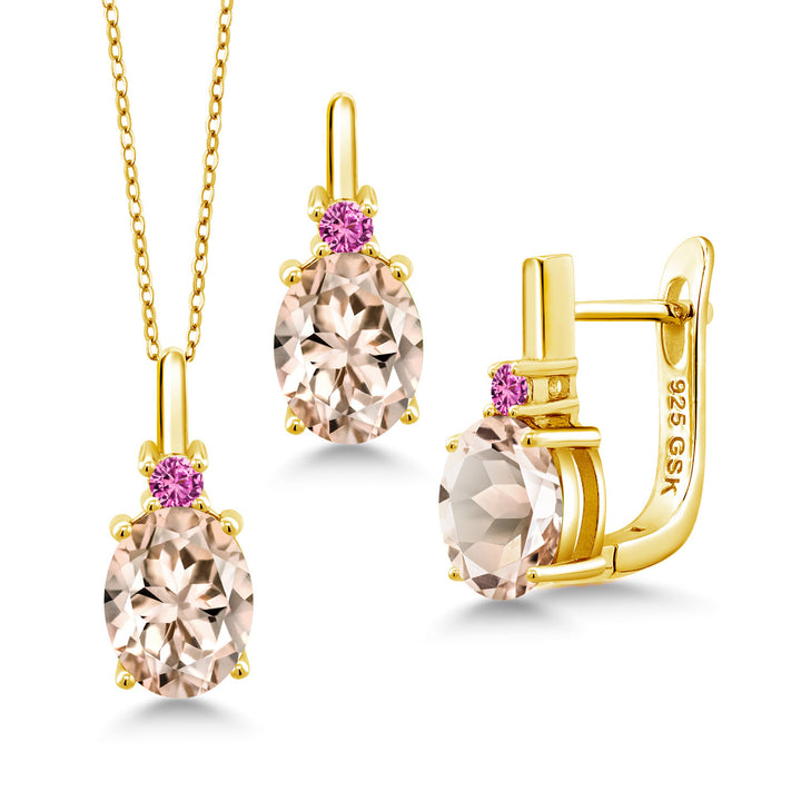 Morganite - October_Pendant Earrings Set in 925 Yellow Gold Plated Silver
