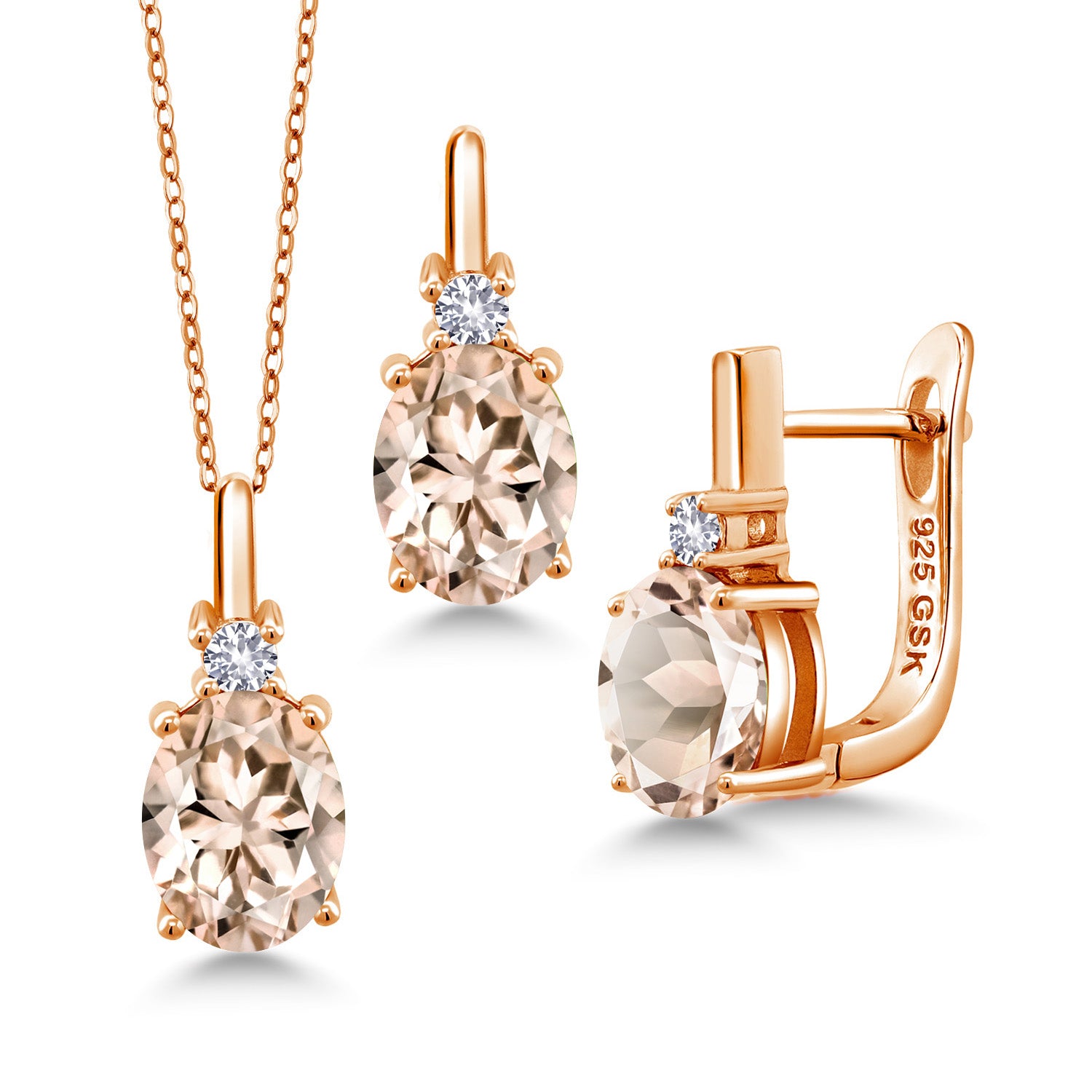 Morganite - October_Pendant Earrings Set in 925 Rose Gold Plated Silver