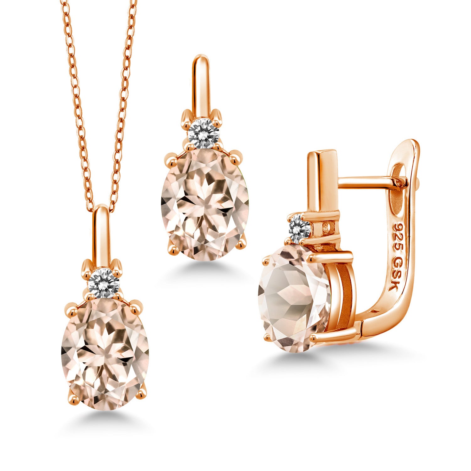Morganite - October_Pendant Earrings Set in 925 Rose Gold Plated Silver