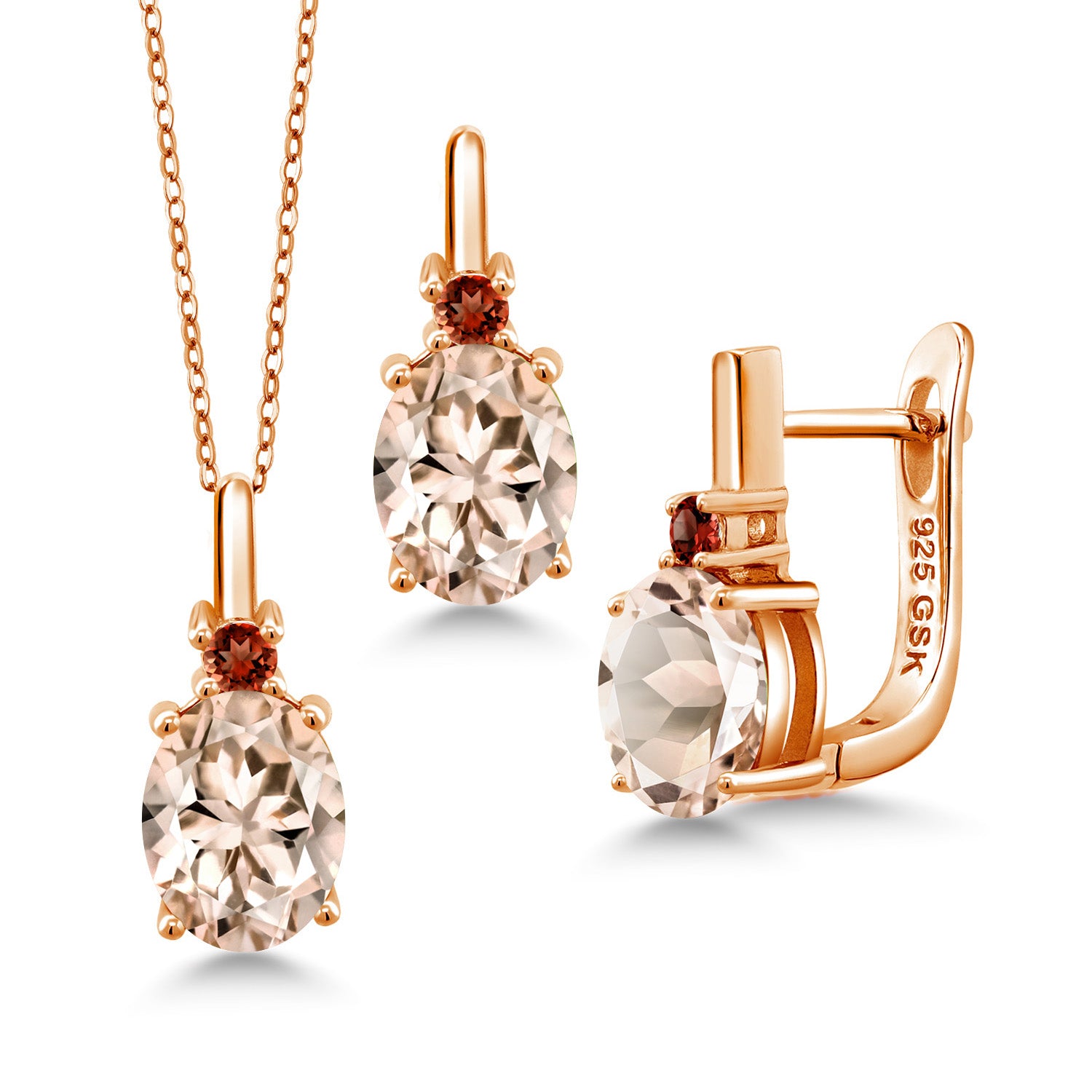 Morganite - October_Pendant Earrings Set in 925 Rose Gold Plated Silver