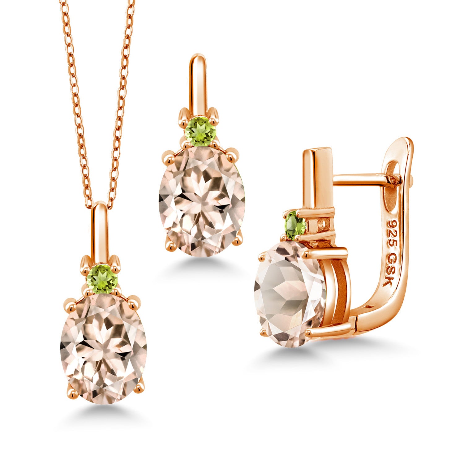 Morganite - October_Pendant Earrings Set in 925 Rose Gold Plated Silver