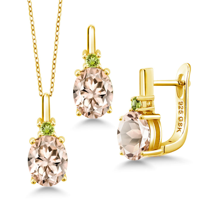 Morganite - October_Pendant Earrings Set in 925 Yellow Gold Plated Silver