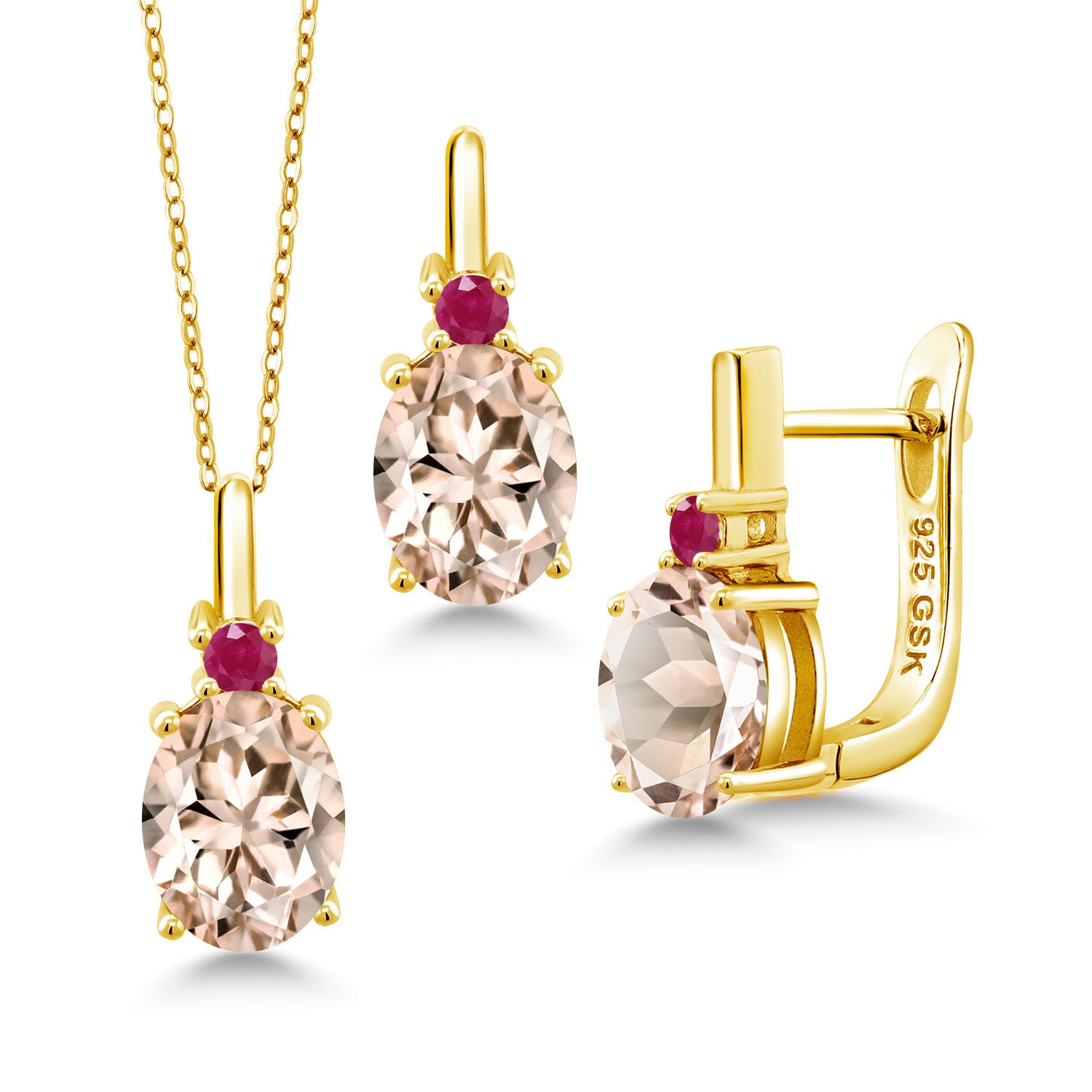 Morganite - October_Pendant Earrings Set in 925 Yellow Gold Plated Silver