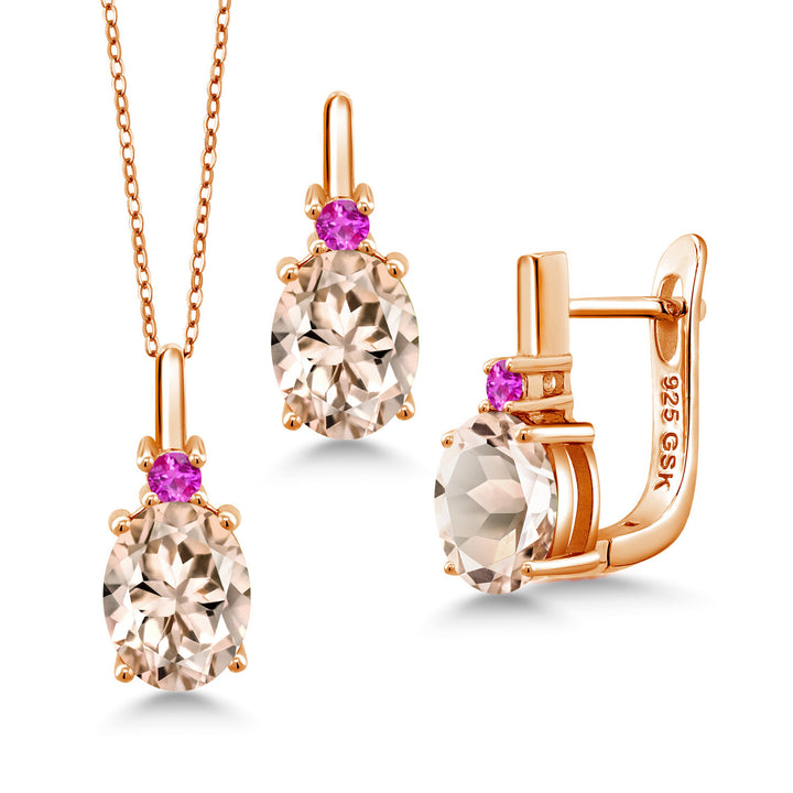 Morganite - October_Pendant Earrings Set in 925 Rose Gold Plated Silver