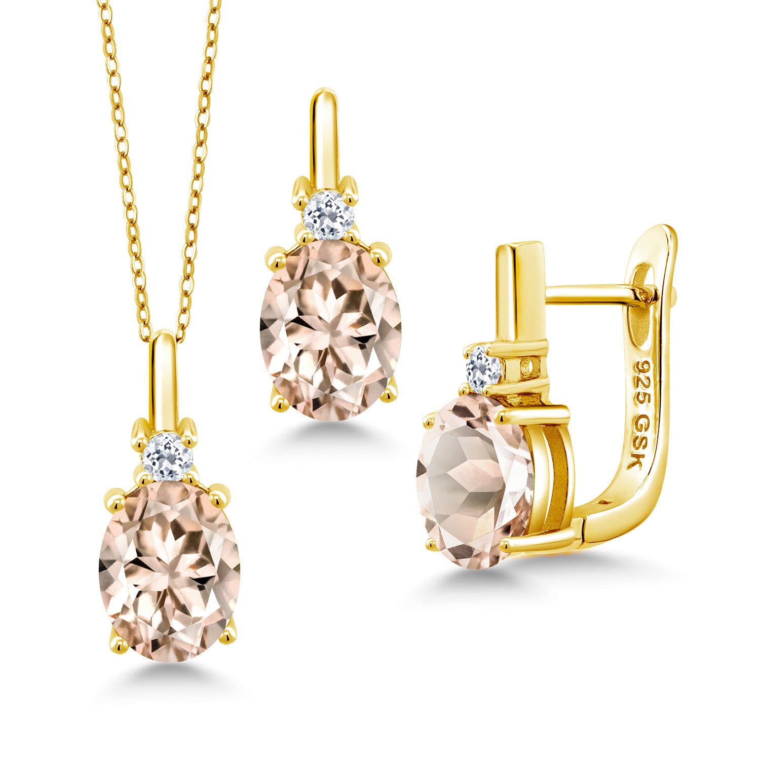 Morganite - October_Pendant Earrings Set in 925 Yellow Gold Plated Silver