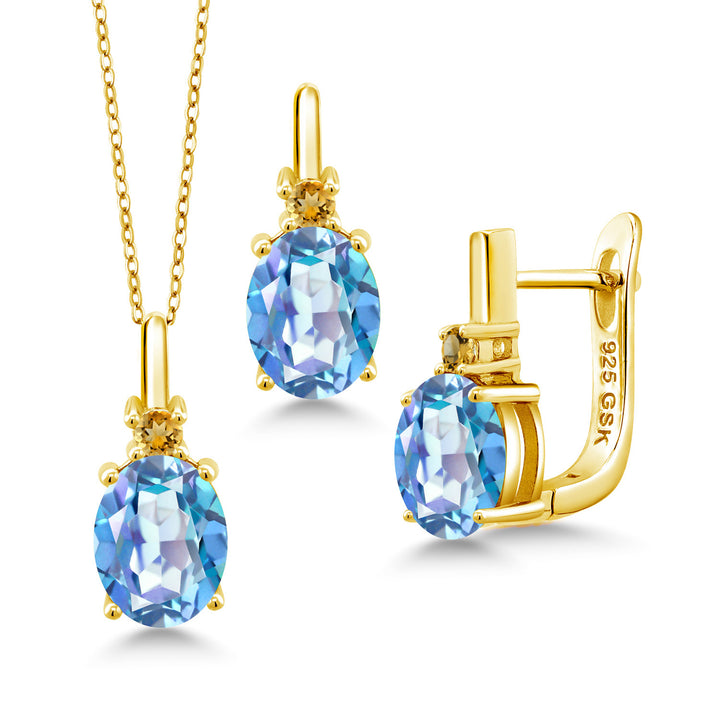Millennium Blue Mystic Quartz_Pendant Earrings Set in 925 Yellow Gold Plated Silver