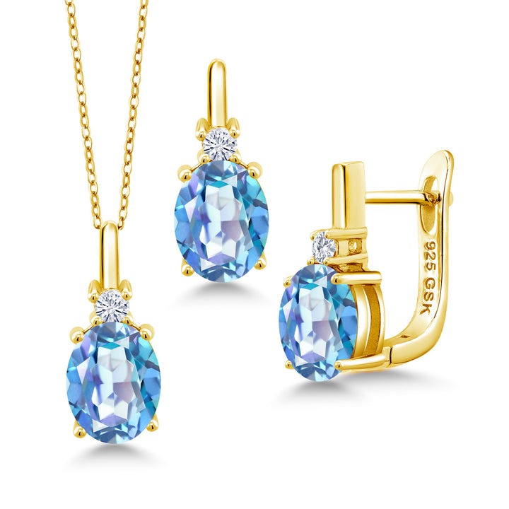 Millennium Blue Mystic Quartz_Pendant Earrings Set in 925 Yellow Gold Plated Silver
